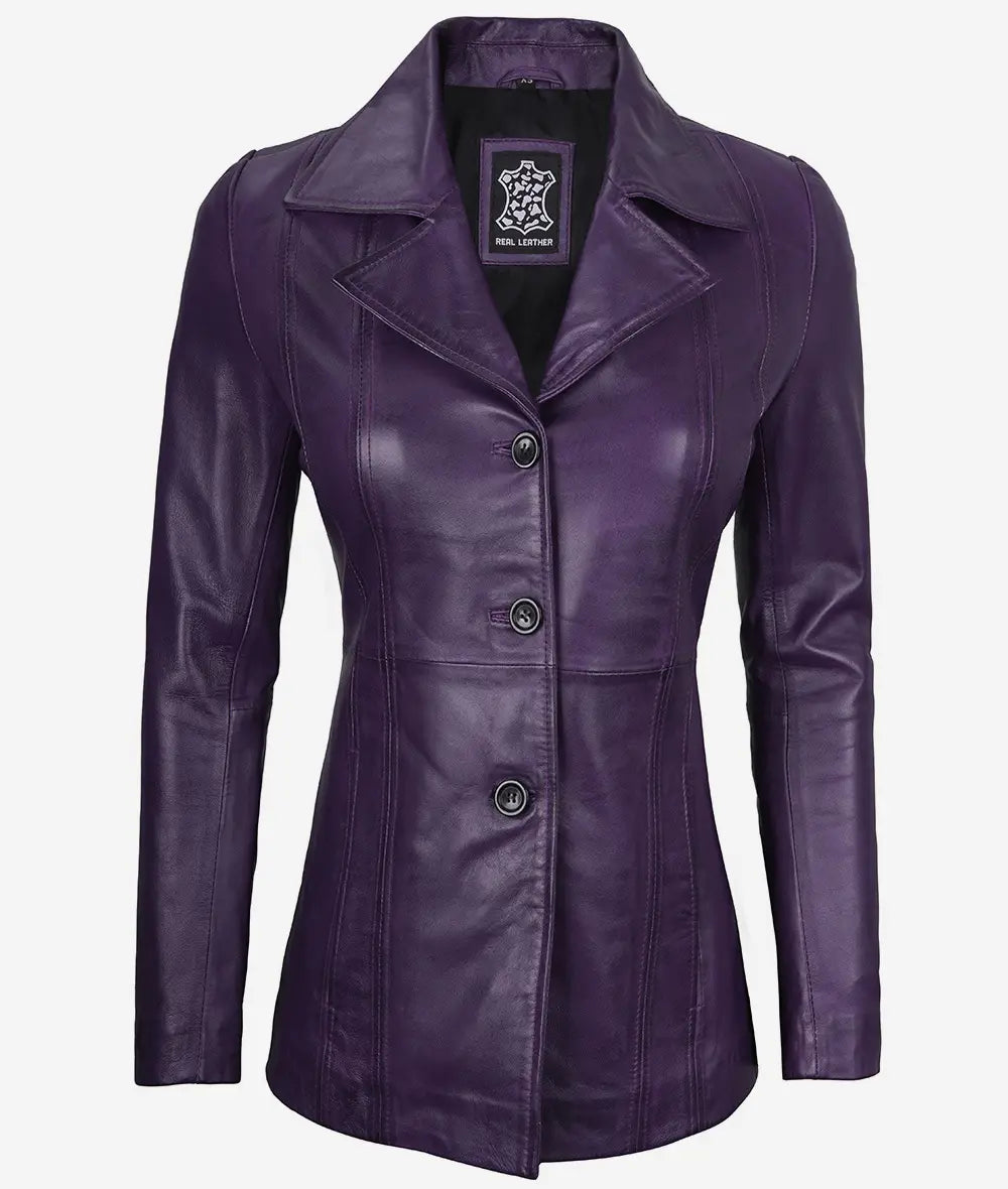 Womens Three Button Purple Leather Blazer