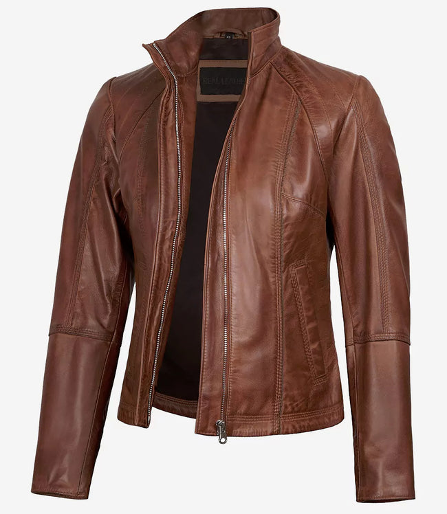 Womens Cafe Racer Cognac Leather Jacket