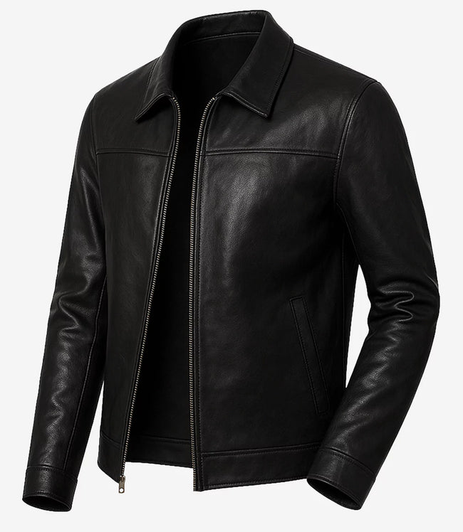 Mens Black Shirt Collar Leather Jacket