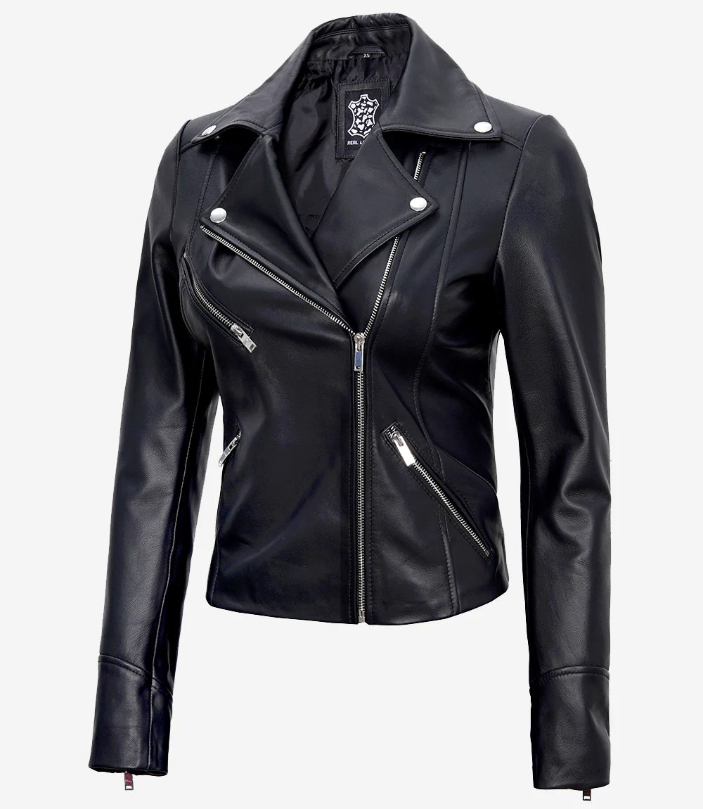 Women Black Asymmetrical Leather Jacket