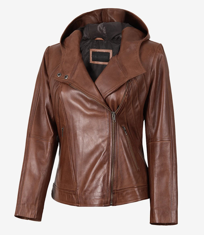 Women Brown Asymmetrical Hooded Leather Jacket