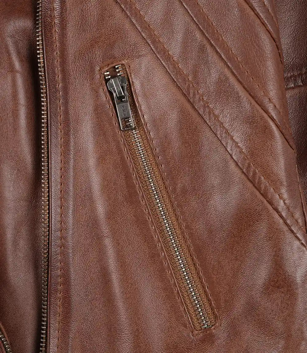 Women Brown Asymmetrical Hooded Leather Jacket