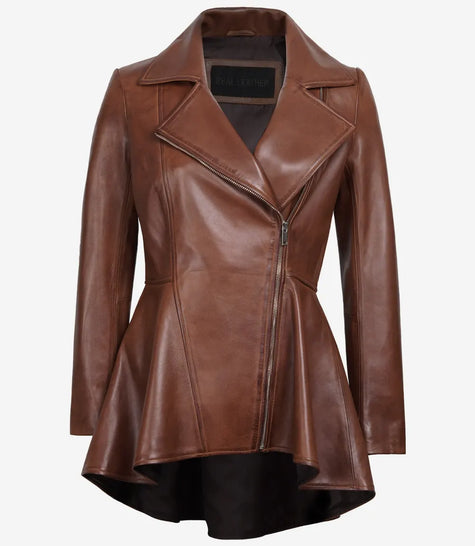 Womens Cognac Peplum Leather Jacket