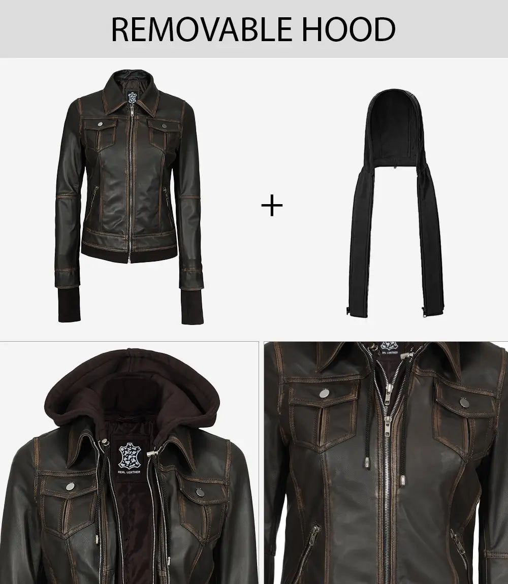 Womens Rub off Brown Bomber Leather Jacket with Hood