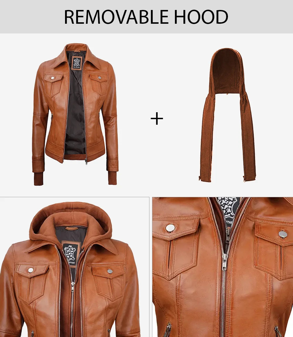 Brown Bomber Leather Jacket With Hood