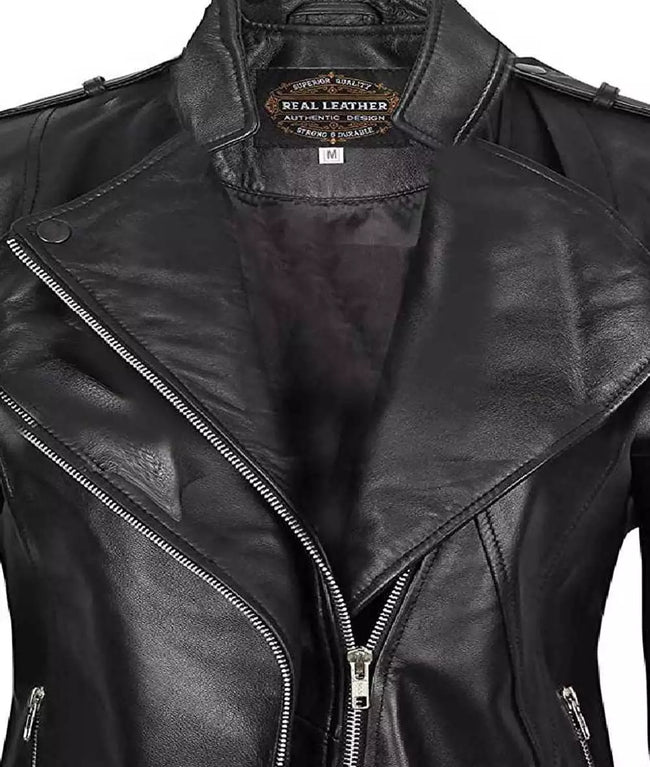 Womens Asymmetrical Fitted Leather Jacket Black