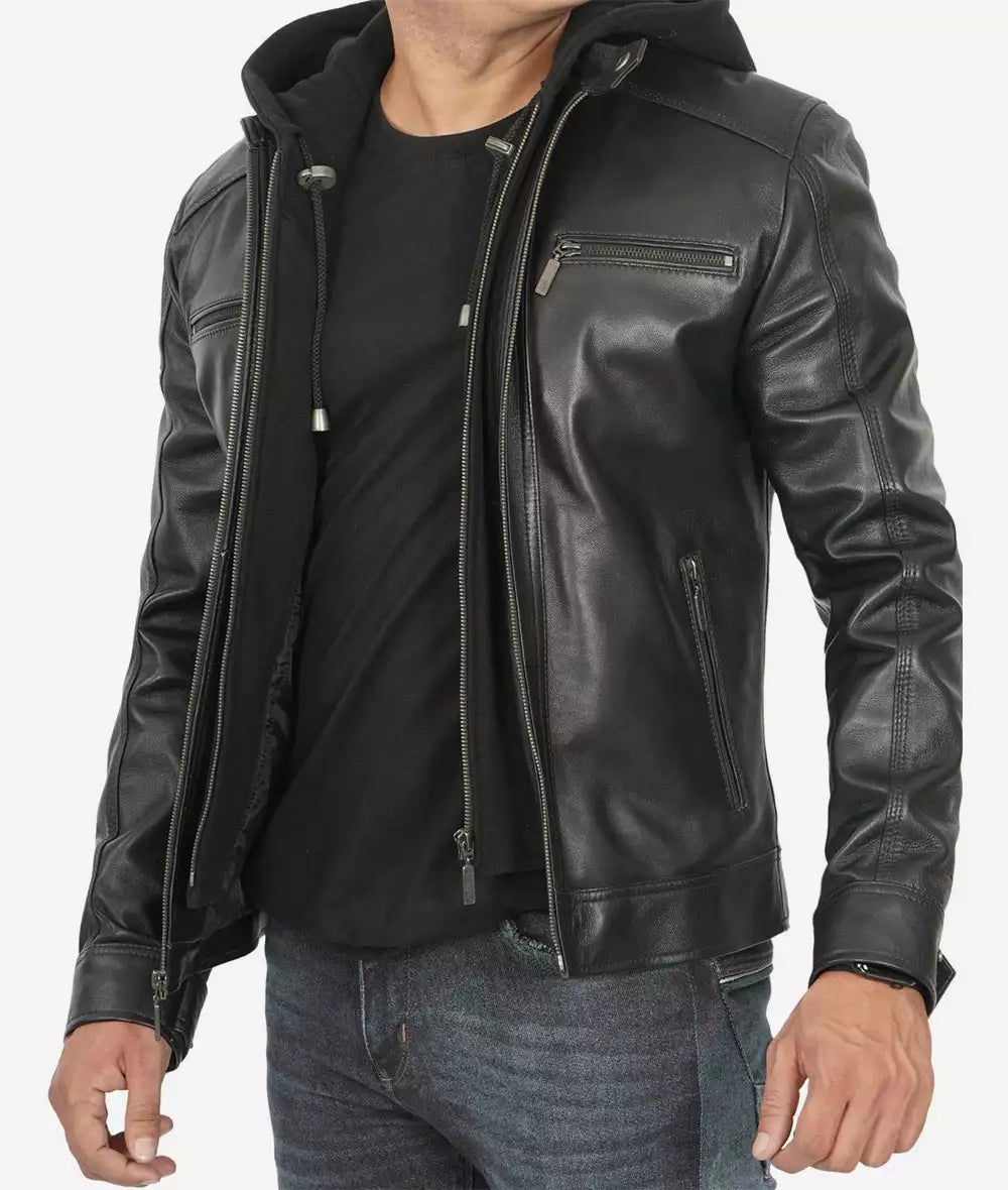 Black Hooded Leather Jacket Mens 