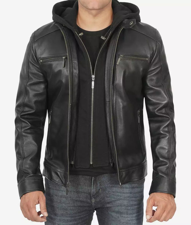 Black Hooded Leather Jacket Mens 