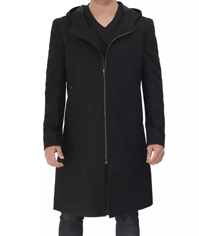 Mens Black Wool Coat with Hood