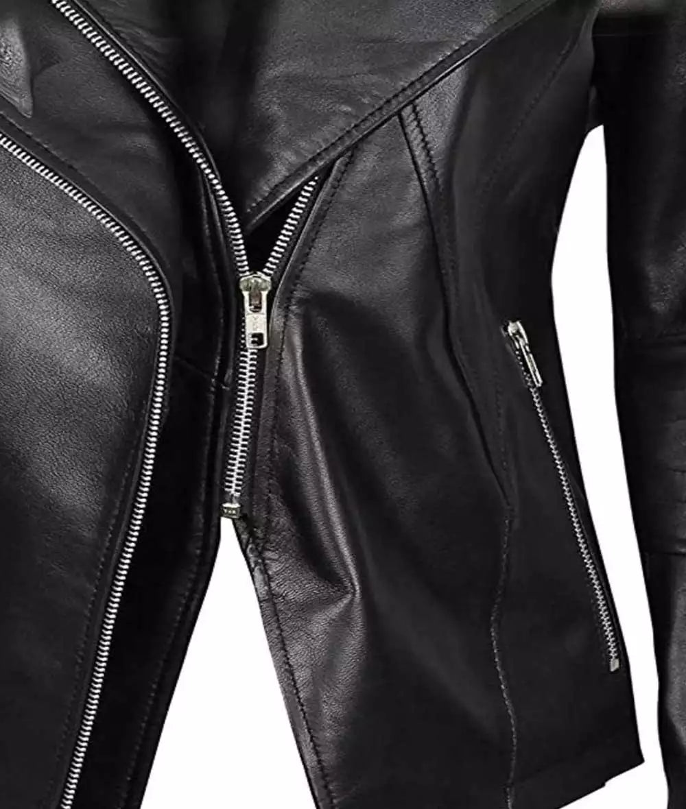 Womens Asymmetrical Fitted Leather Jacket Black