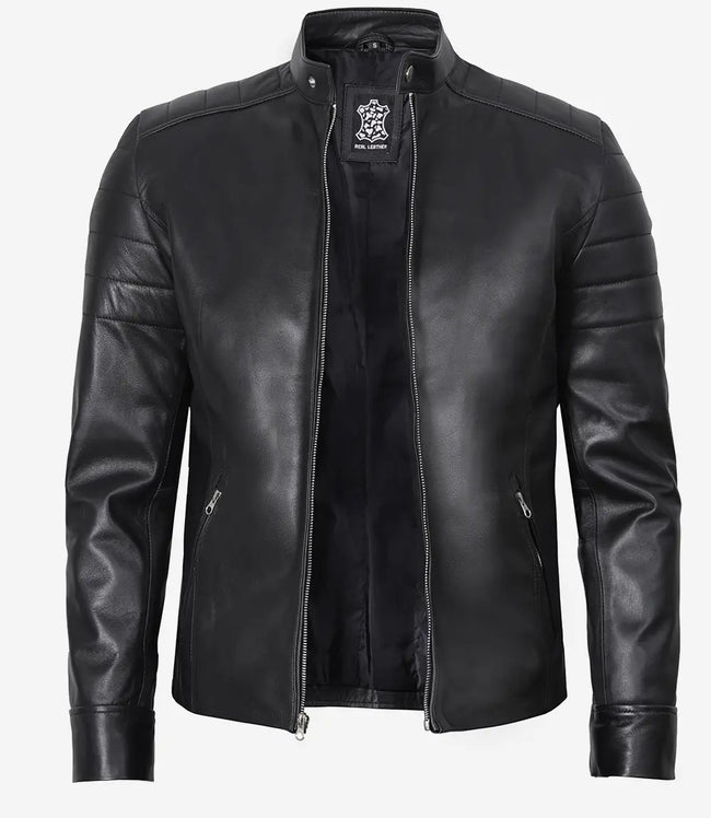 Black Leather Cafe Racer Jacket 
