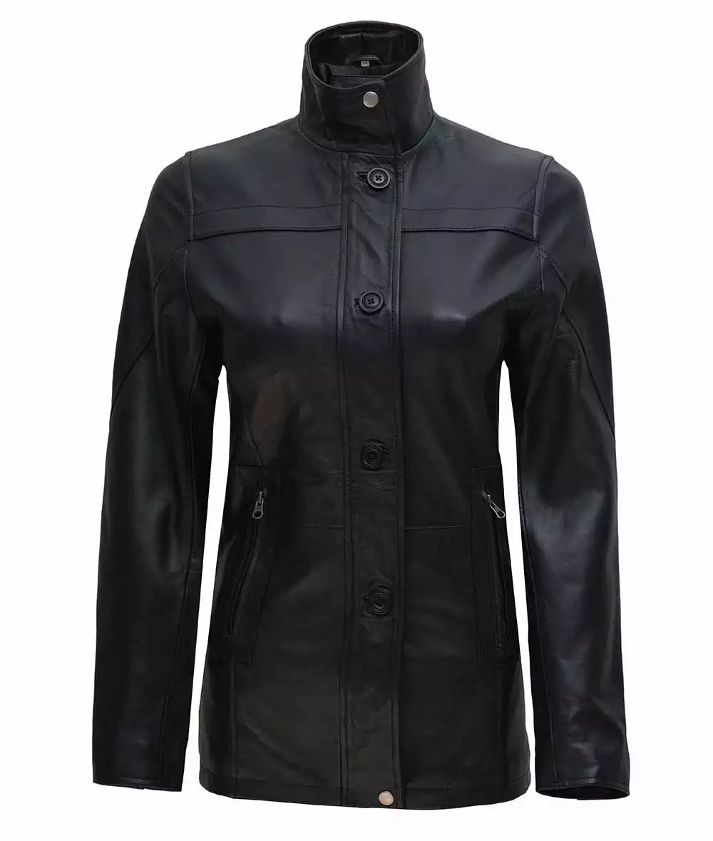 Womens Black Leather Car Coat