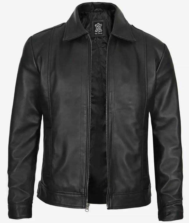 Black Vintage Shirt Collar Leather Jacket Mens