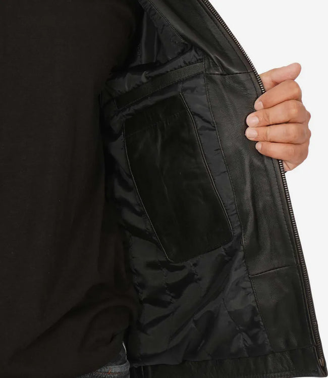 Mens Shirt Collar Classic Black Leather Jacket