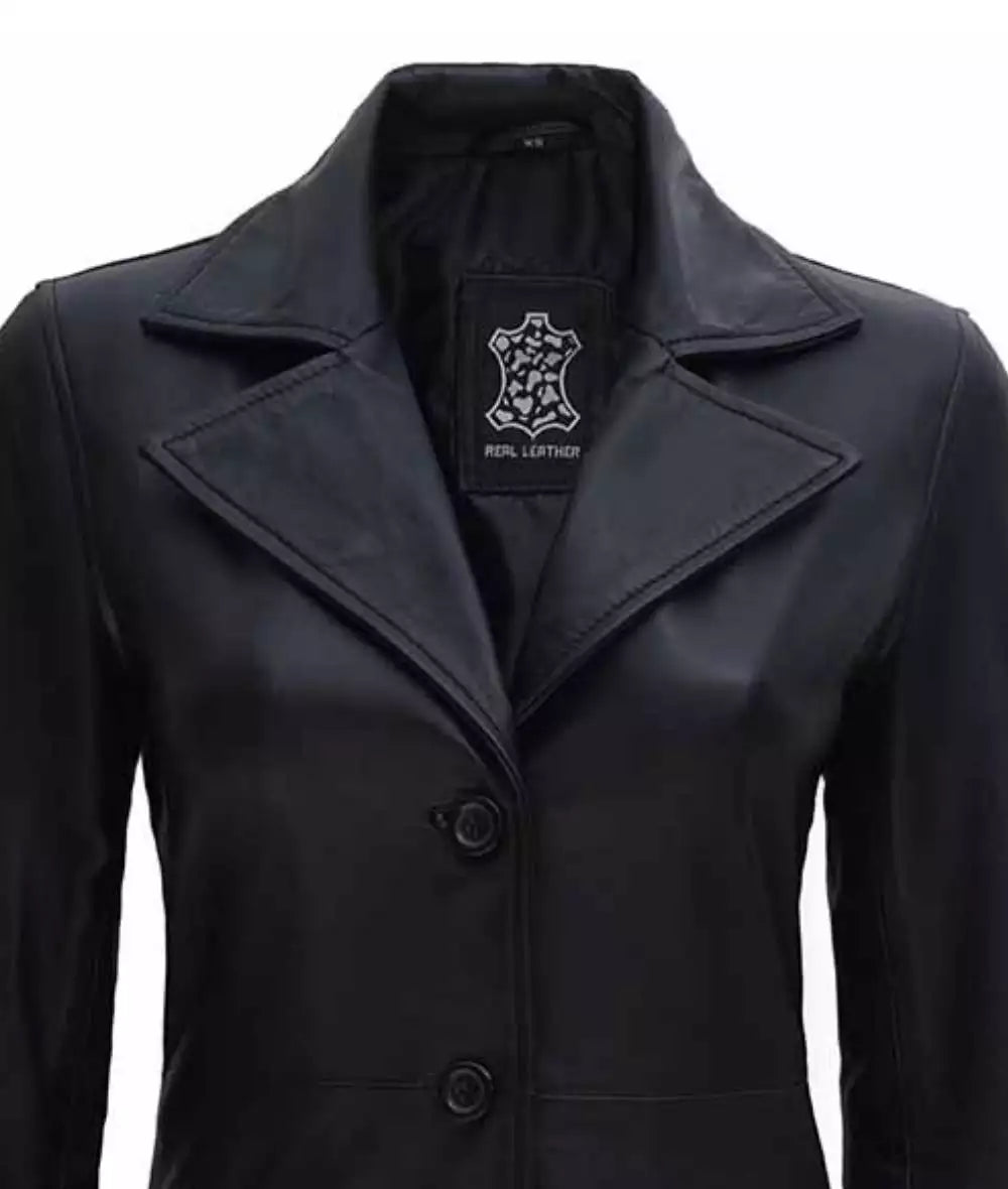 Womens Tall Wide Collar 3 Quarter Black Leather Coat