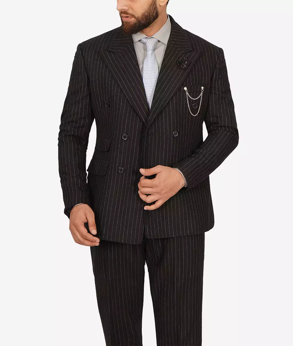 Mens Double Breasted Black Pinstripe Suit