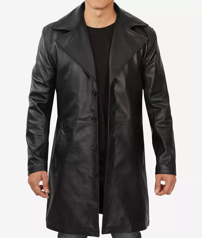Jackson Mens Peak Lapel Long Black Leather Coat