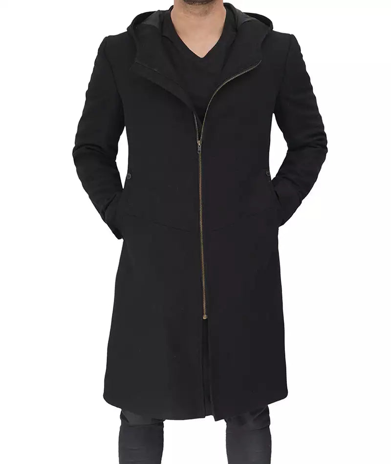 Mens Black Wool Coat with Hood