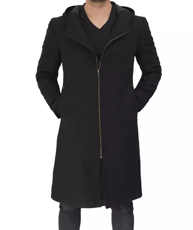 Mens Black Wool Coat with Hood