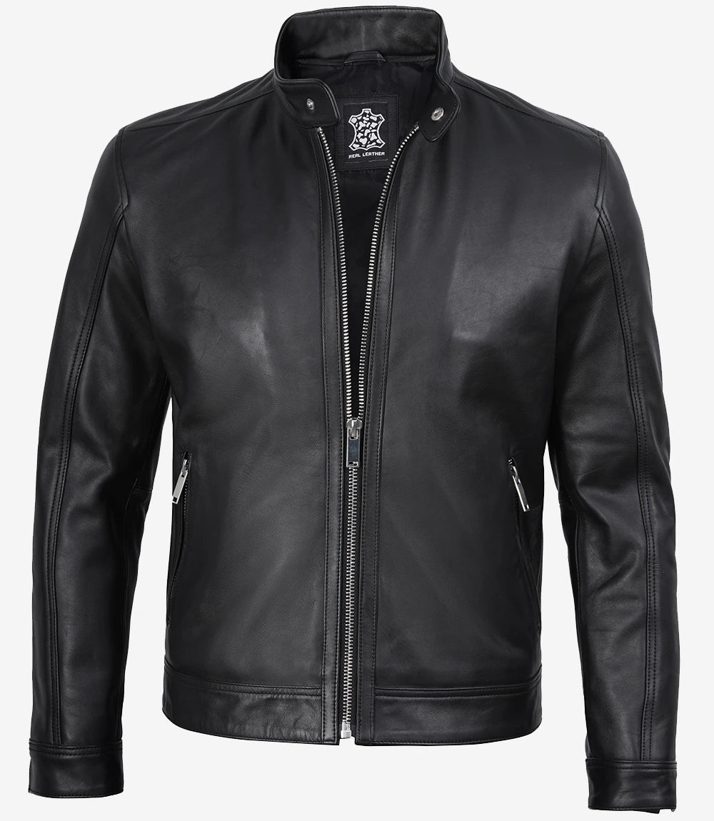 Mens Premium Black Cafe Racer Leather Jacket