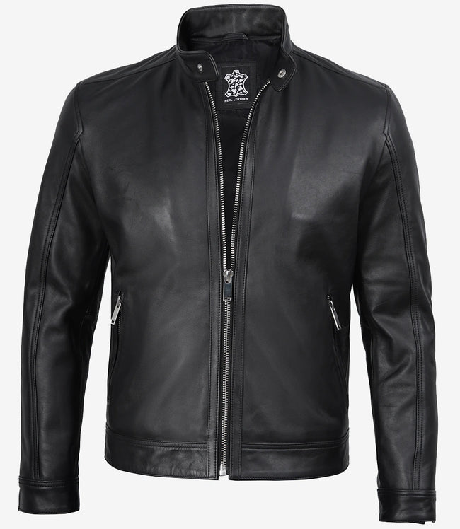 Mens Premium Black Cafe Racer Leather Jacket