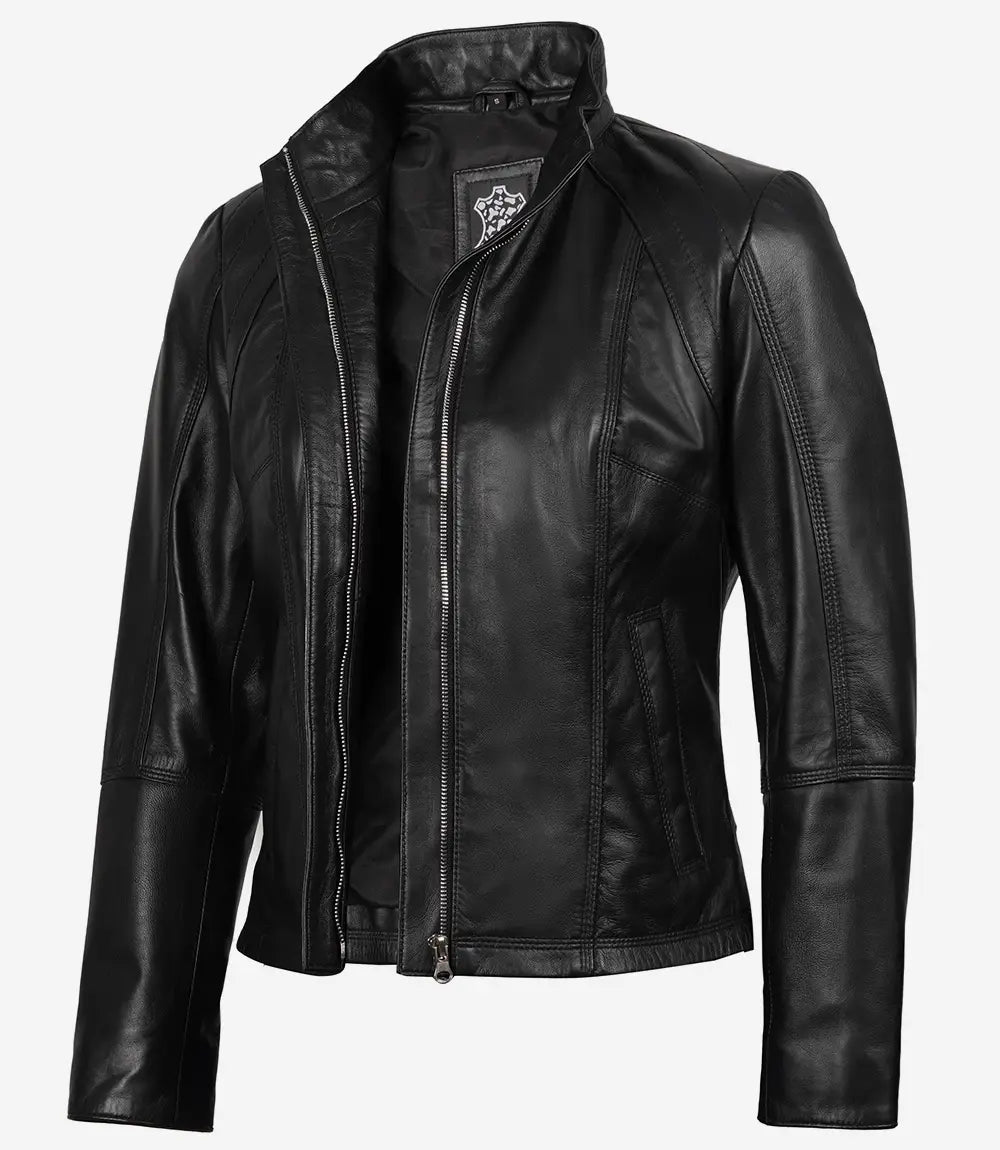 Womens Black Leather Cafe Racer Jacket
