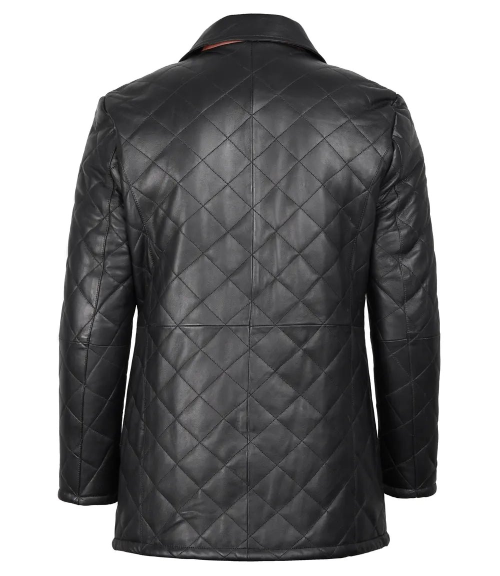 Black Quilted Leather Coat With Brown Detailing