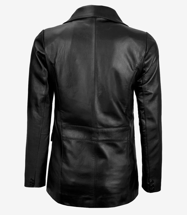 Womens Notch Lapel Black Leather Blazer Coat