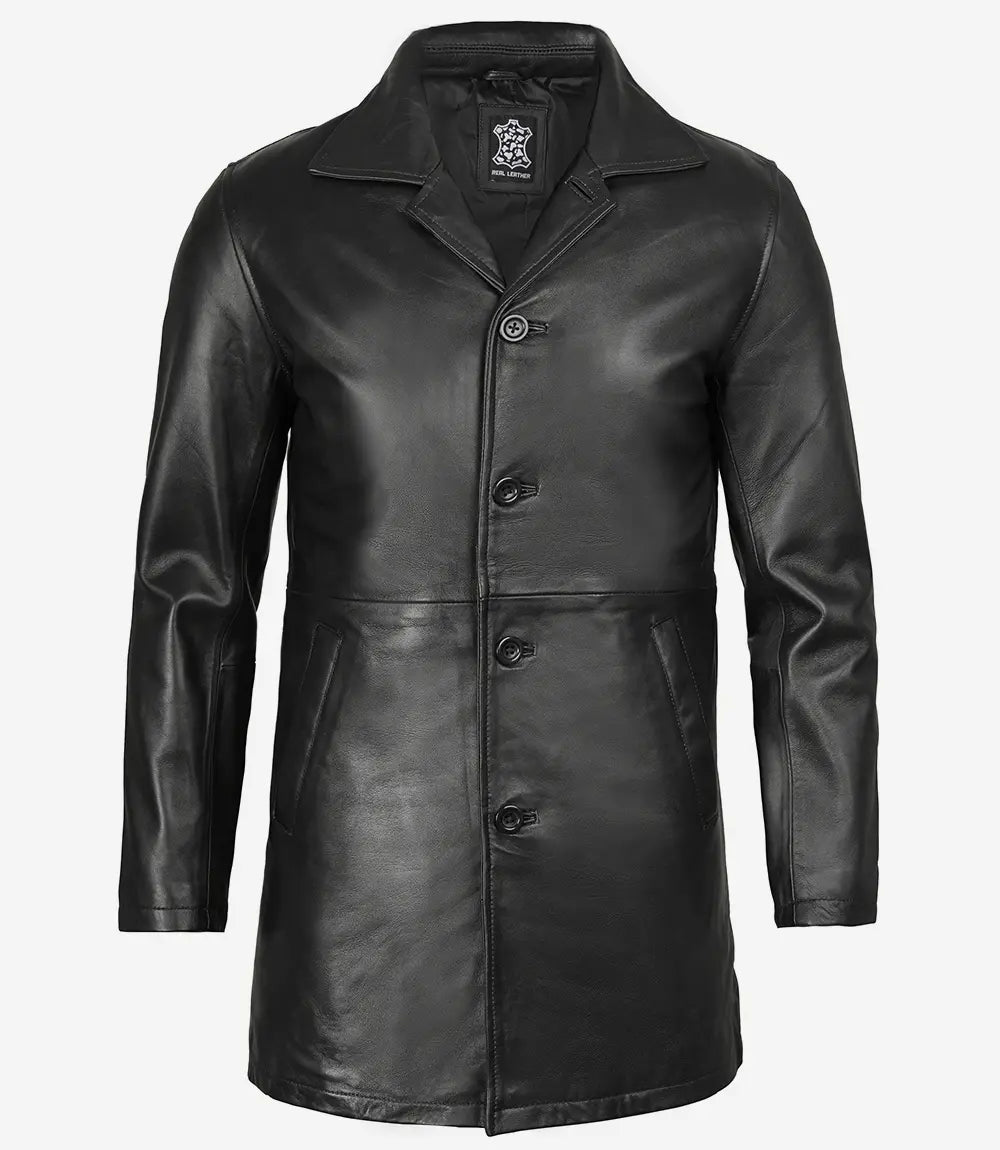 Mens Tall Distressed Black Long Leather Jacket