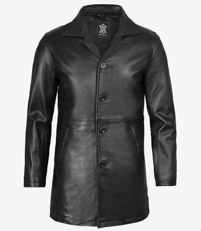 Mens Tall Distressed Black Long Leather Jacket