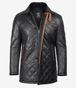 Black Quilted Leather Coat With Brown Detailing