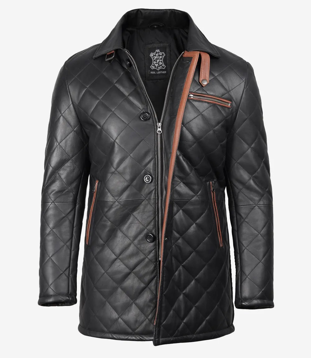 Black Quilted Leather Coat With Brown Detailing