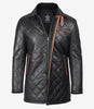 Black Quilted Leather Coat With Brown Detailing
