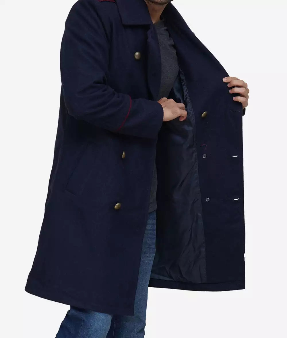 Mens Double Breasted Long Navy Blue Wool Coat