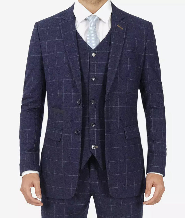 Mens Three Piece Navy Blue Herringbone Suit
