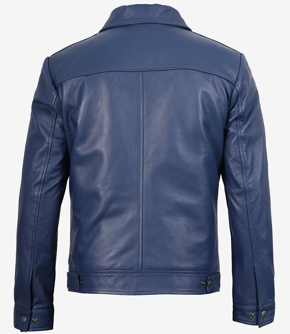 Mens Shirt Collar Blue Leather Jacket