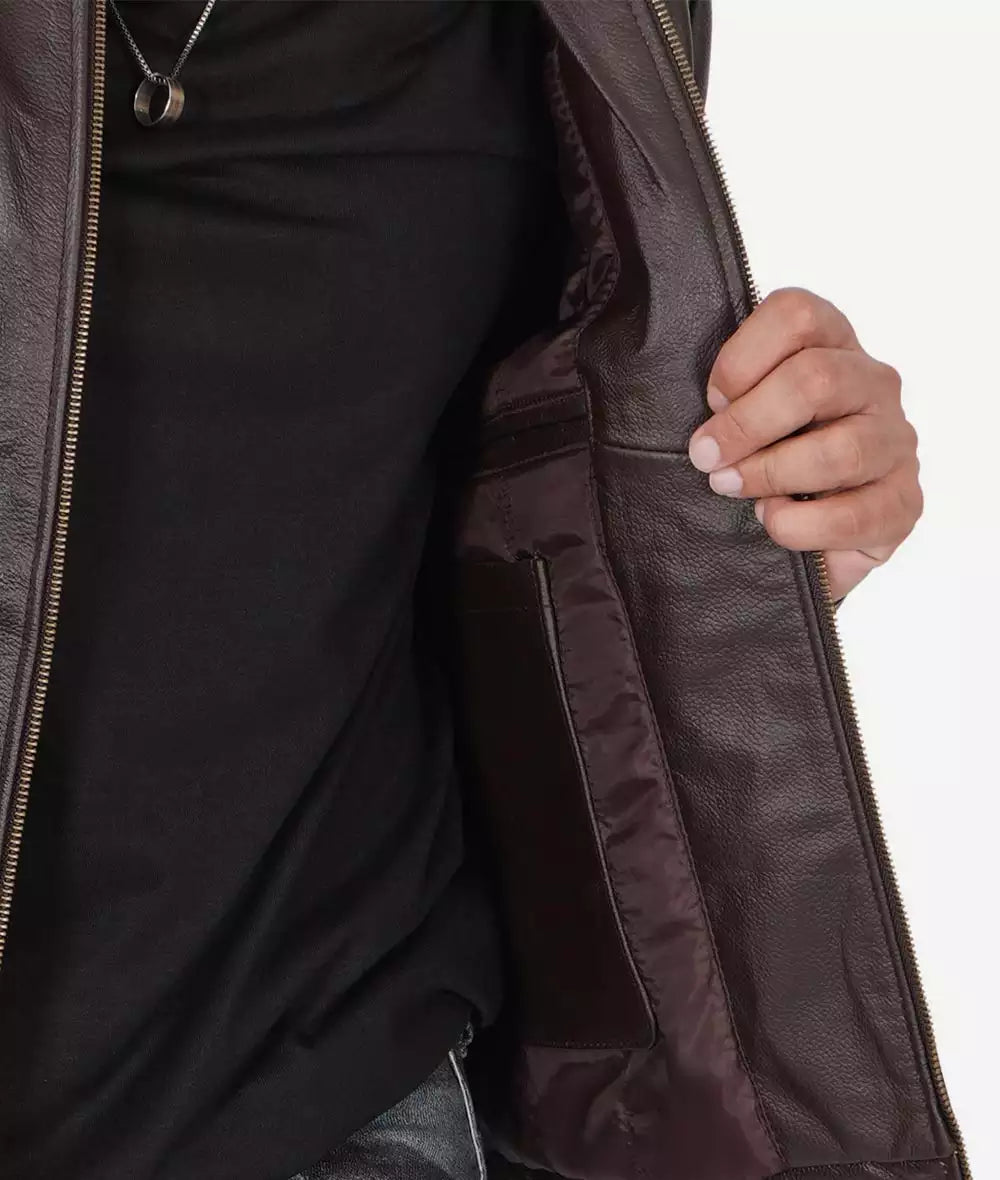 Mens Dark Brown Cowhide Leather Cafe Racer Jacket 