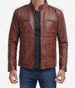 Mens Tall Cognac Brown Leather Cafe Racer Jacket