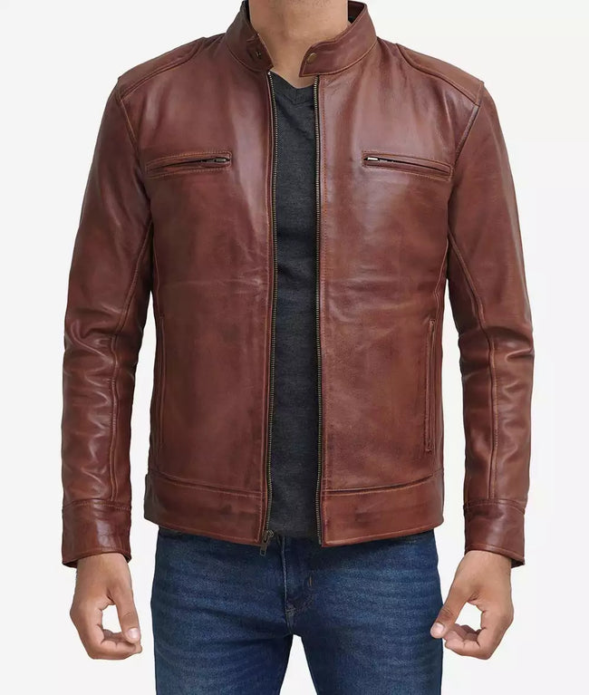 Mens Tall Cognac Brown Leather Cafe Racer Jacket