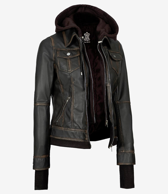 Womens Rub off Brown Bomber Leather Jacket with Hood