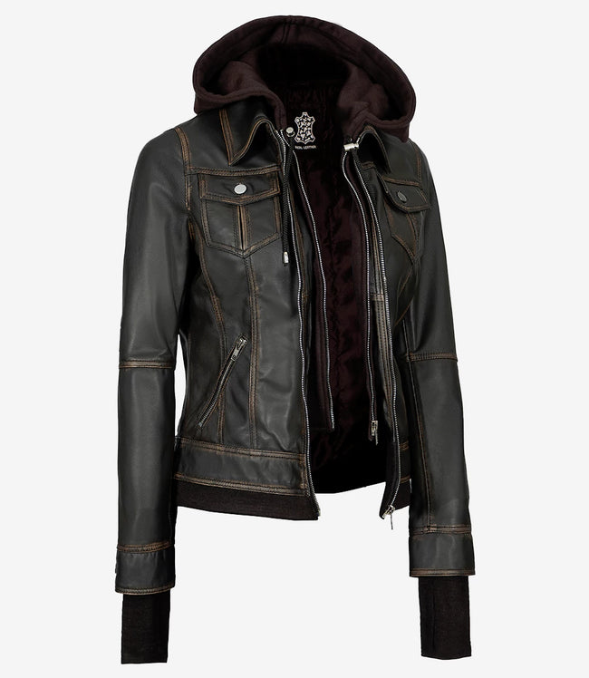 Womens Rub off Brown Bomber Leather Jacket with Hood