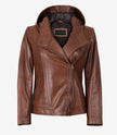Women Brown Asymmetrical Hooded Leather Jacket