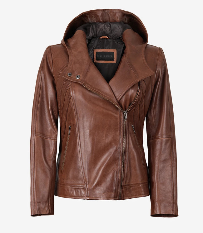 Women Brown Asymmetrical Hooded Leather Jacket