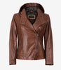 Women Brown Asymmetrical Hooded Leather Jacket