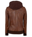 Womens Cognac Leather Bomber Jacket Hood