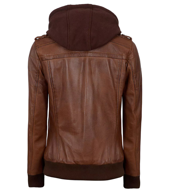 Womens Cognac Leather Bomber Jacket Hood