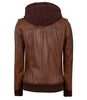 Womens Cognac Leather Bomber Jacket Hood