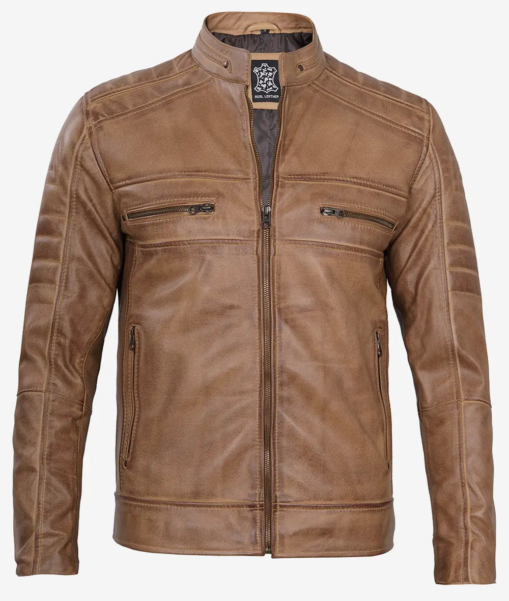 Mens Lambskin Tan Cafe Racer Leather Jacket