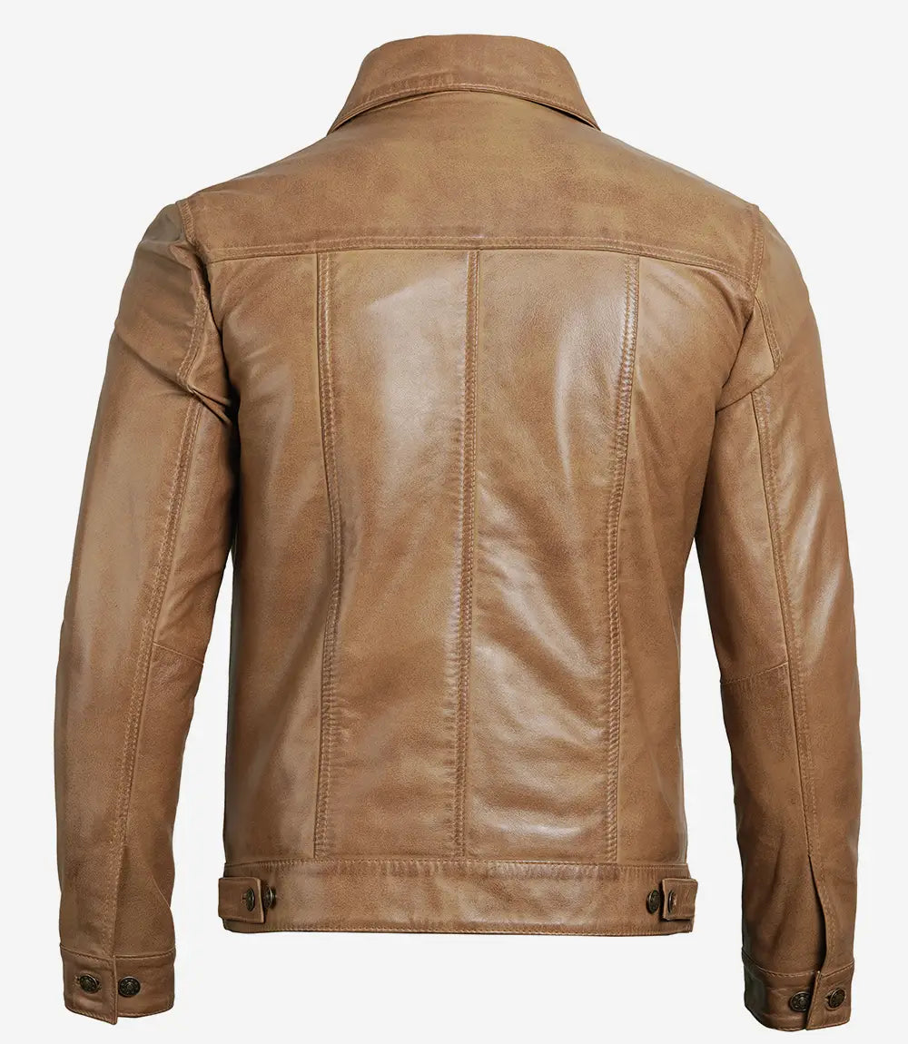 Mens Camel Leather Trucker Jacket