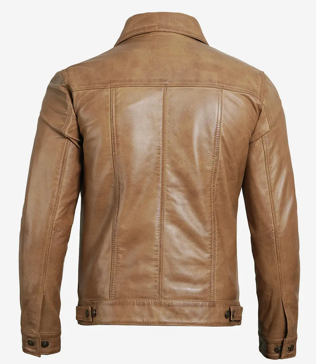 Mens Camel Leather Trucker Jacket